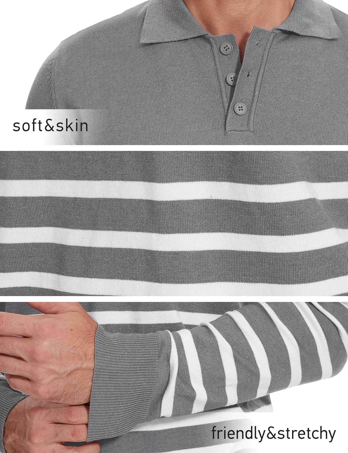 Demoking Striped Sweaters for Men Polo Shirts Long Sleeve Mens Casual Knit Sweater