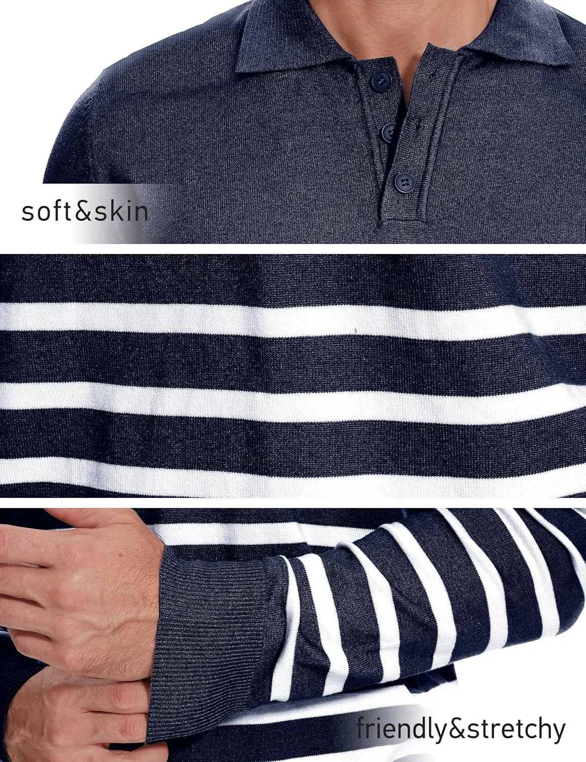 Demoking Striped Sweaters for Men Polo Shirts Long Sleeve Mens Casual Knit Sweater