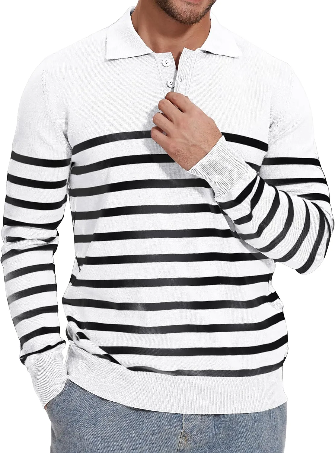 Demoking Striped Sweaters for Men Polo Shirts Long Sleeve Mens Casual Knit Sweater