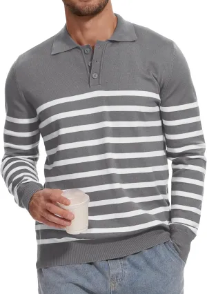 Demoking Striped Sweaters for Men Polo Shirts Long Sleeve Mens Casual Knit Sweater
