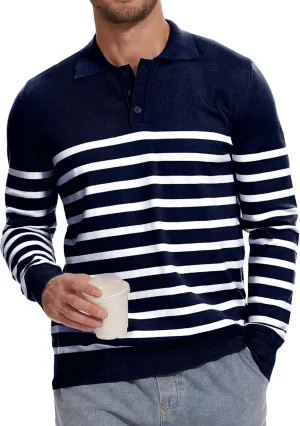 Demoking Striped Sweaters for Men Polo Shirts Long Sleeve Mens Casual Knit Sweater