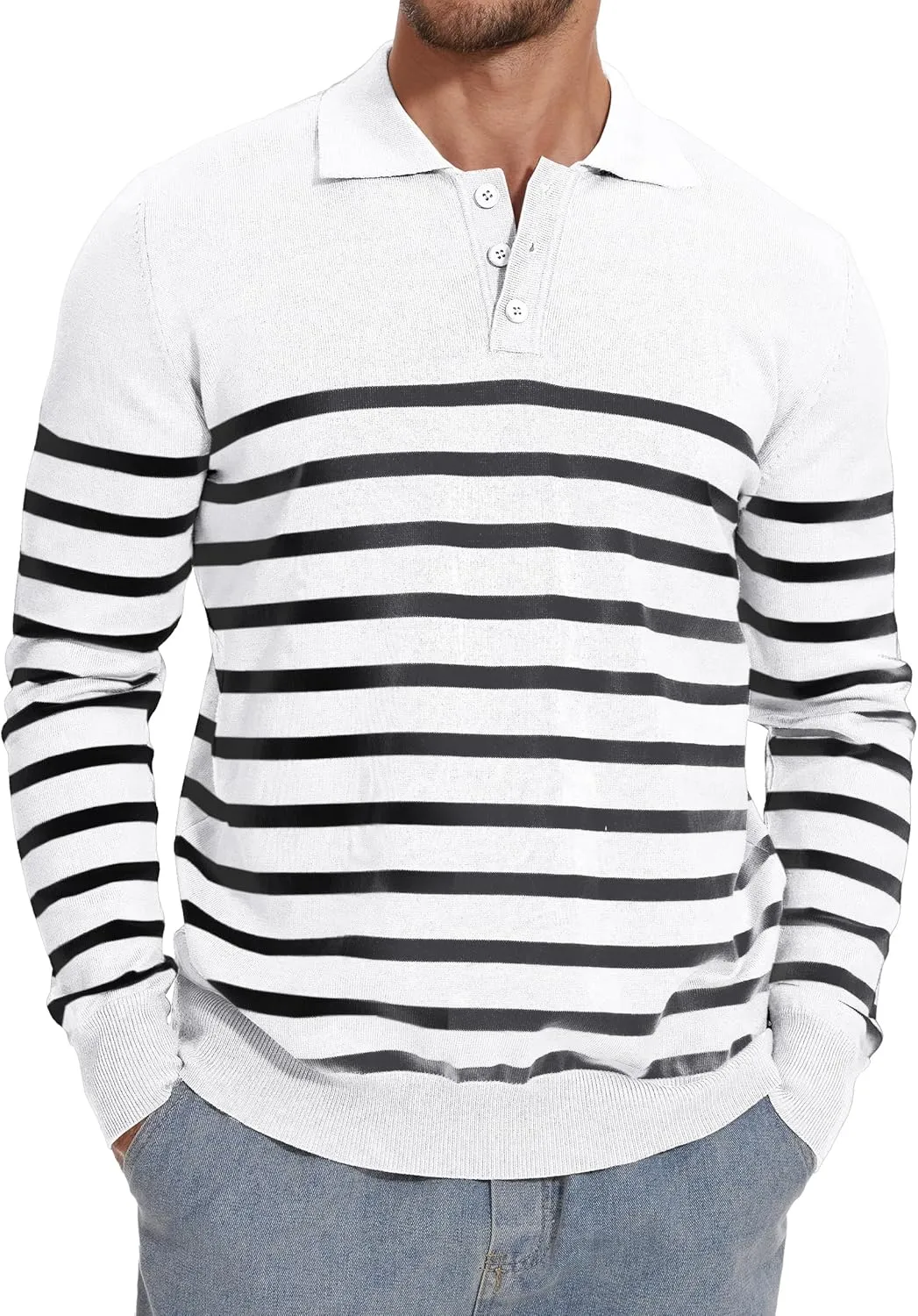 Demoking Striped Sweaters for Men Polo Shirts Long Sleeve Mens Casual Knit Sweater