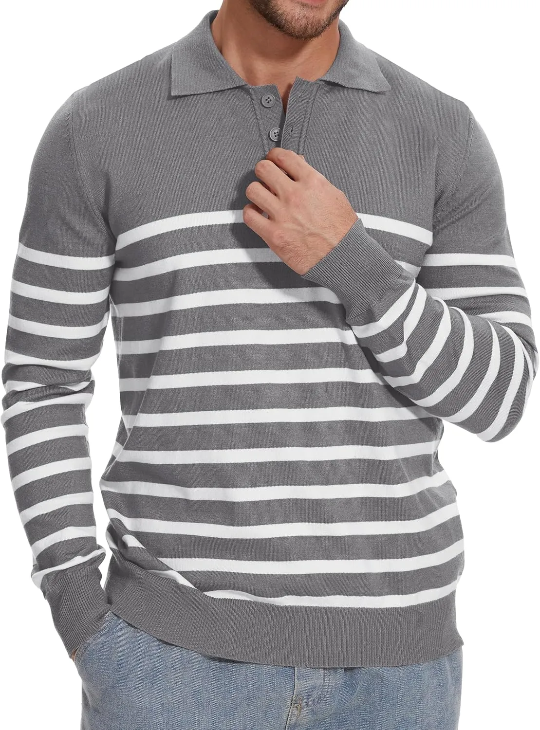 Demoking Striped Sweaters for Men Polo Shirts Long Sleeve Mens Casual Knit Sweater