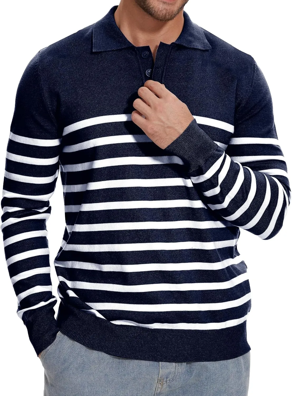 Demoking Striped Sweaters for Men Polo Shirts Long Sleeve Mens Casual Knit Sweater