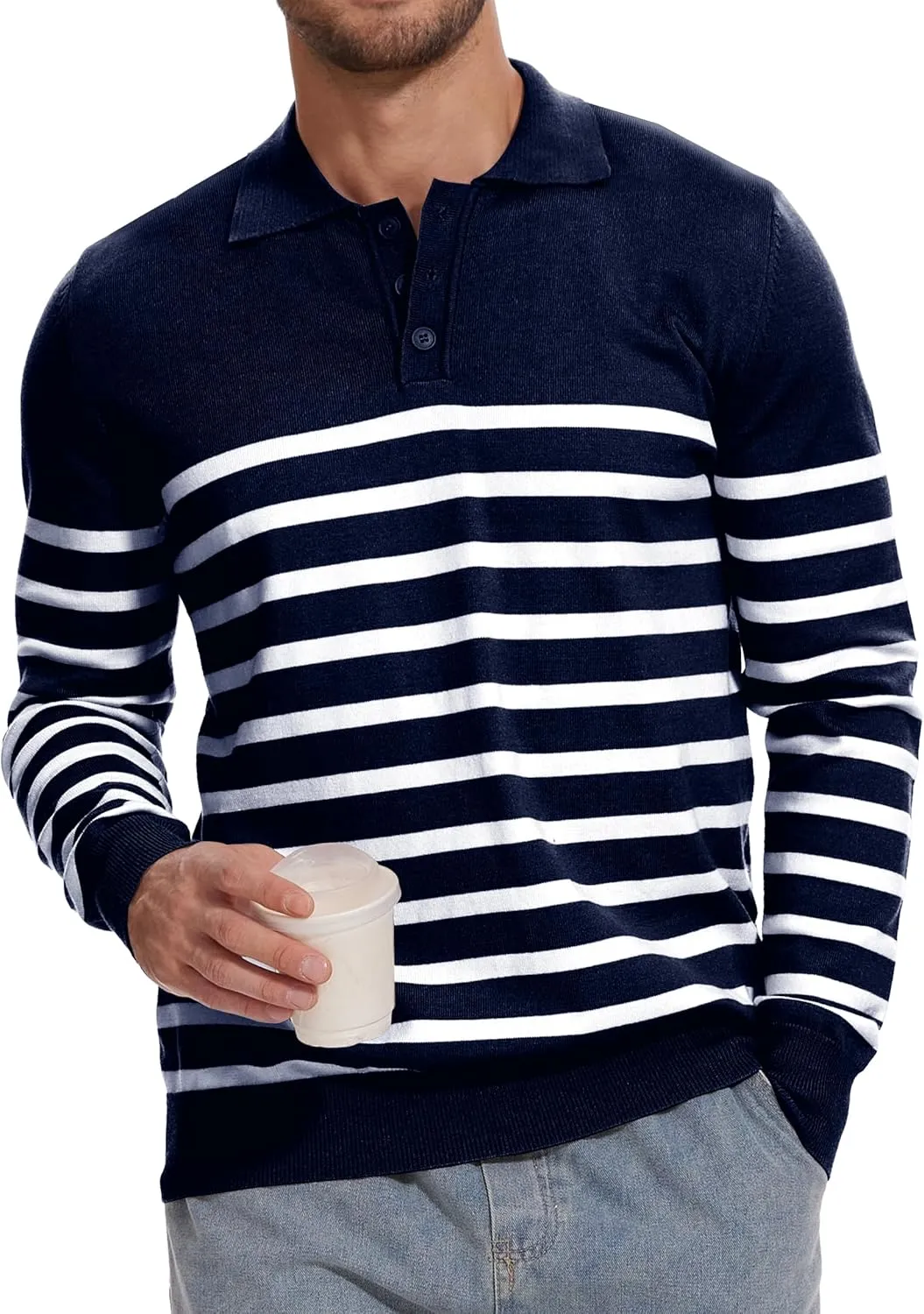 Demoking Striped Sweaters for Men Polo Shirts Long Sleeve Mens Casual Knit Sweater