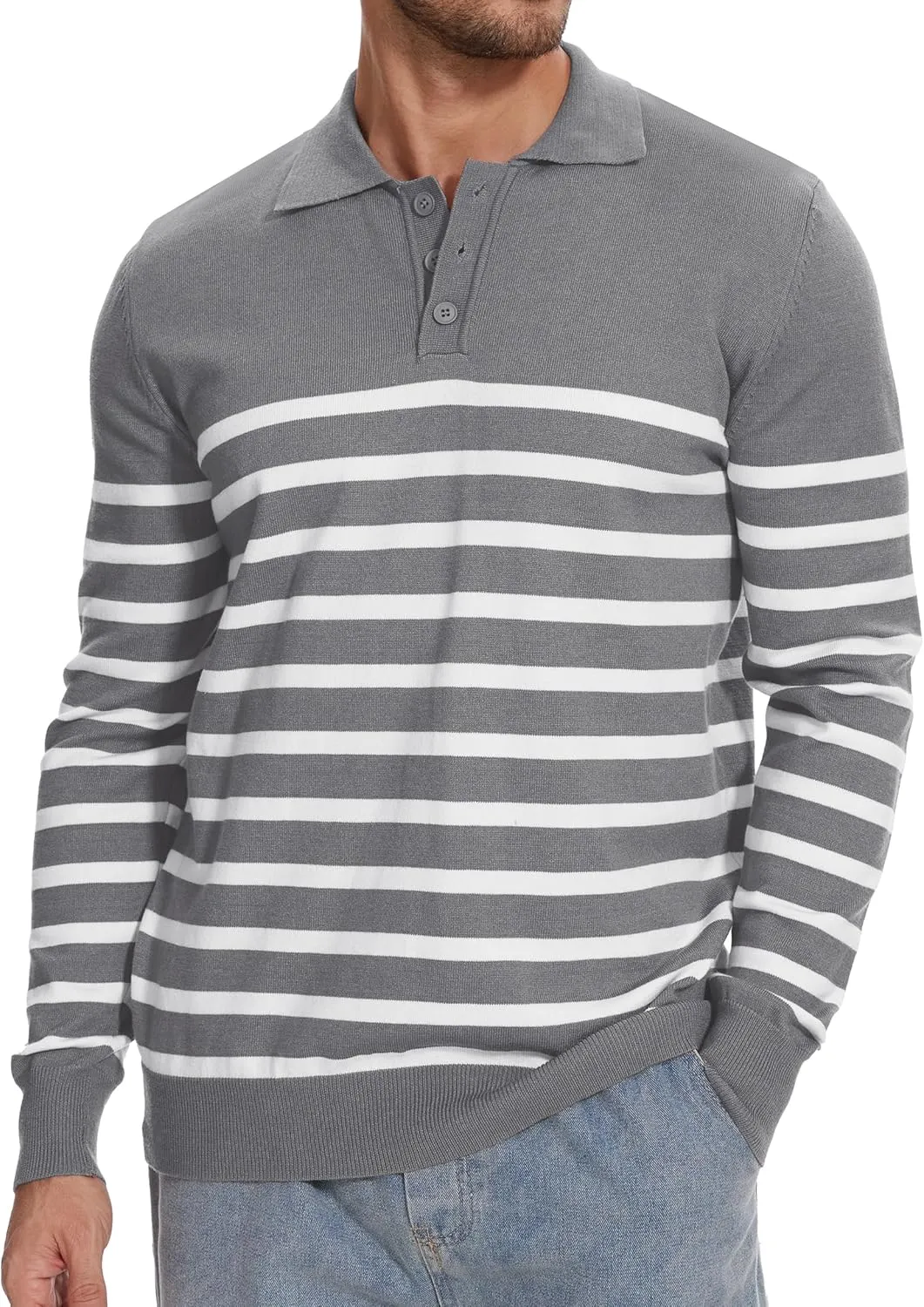 Demoking Striped Sweaters for Men Polo Shirts Long Sleeve Mens Casual Knit Sweater