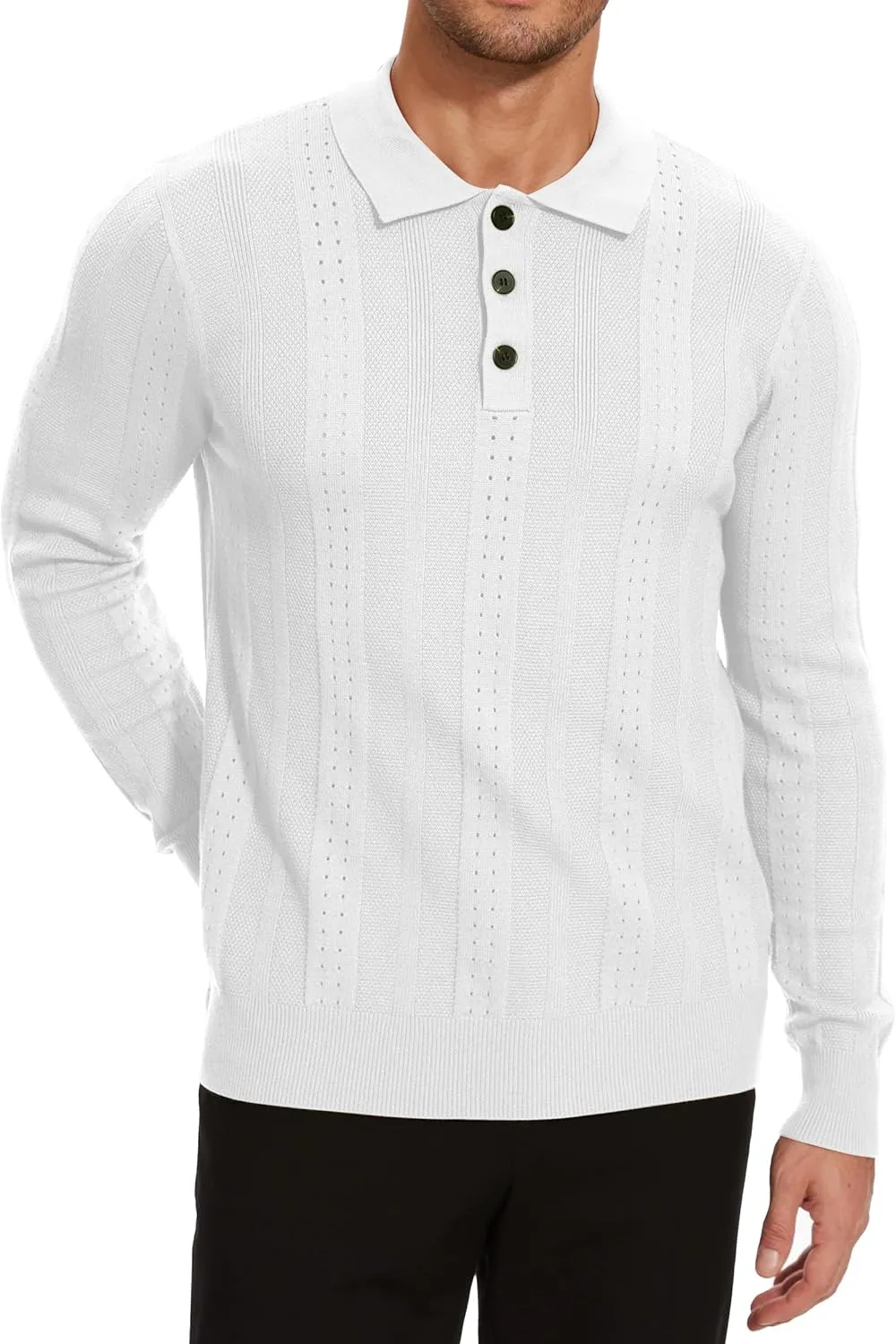 Demoking Vintage Sweater Polo Men Long Sleeve Cable Knit Textured Sweaters Mens Collared Shirts