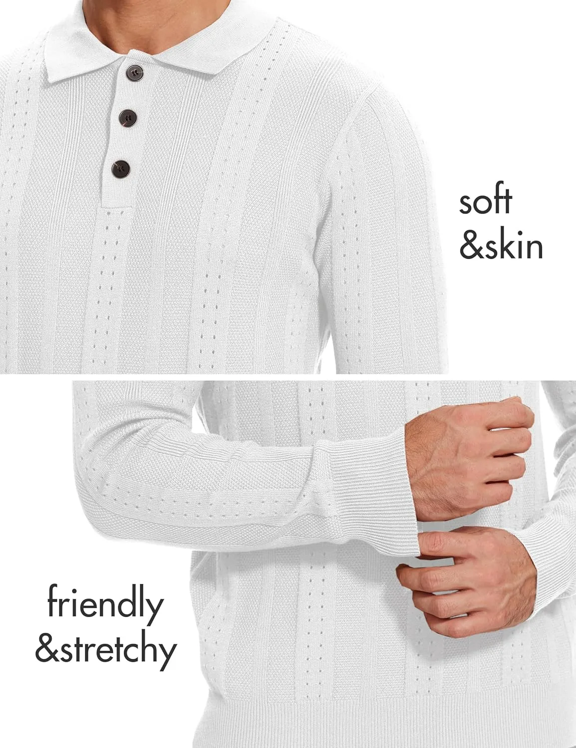 Demoking Vintage Sweater Polo Men Long Sleeve Cable Knit Textured Sweaters Mens Collared Shirts