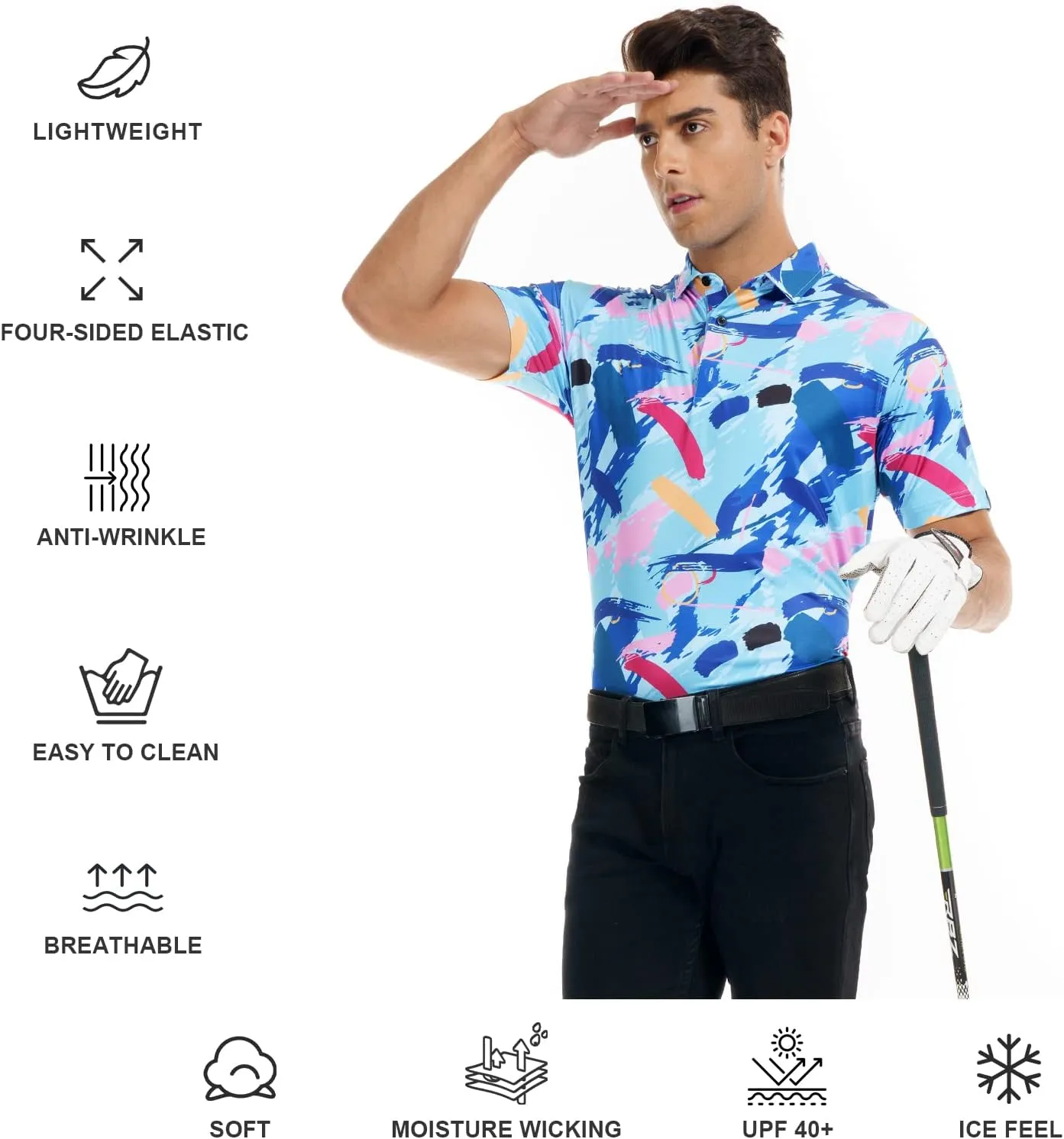 DEOLAX Mens Polo Shirts Moisture Wicking Dry Fit Performance Mens Golf Shirt Regular Fit Fashion Print Short Sleeve Polo