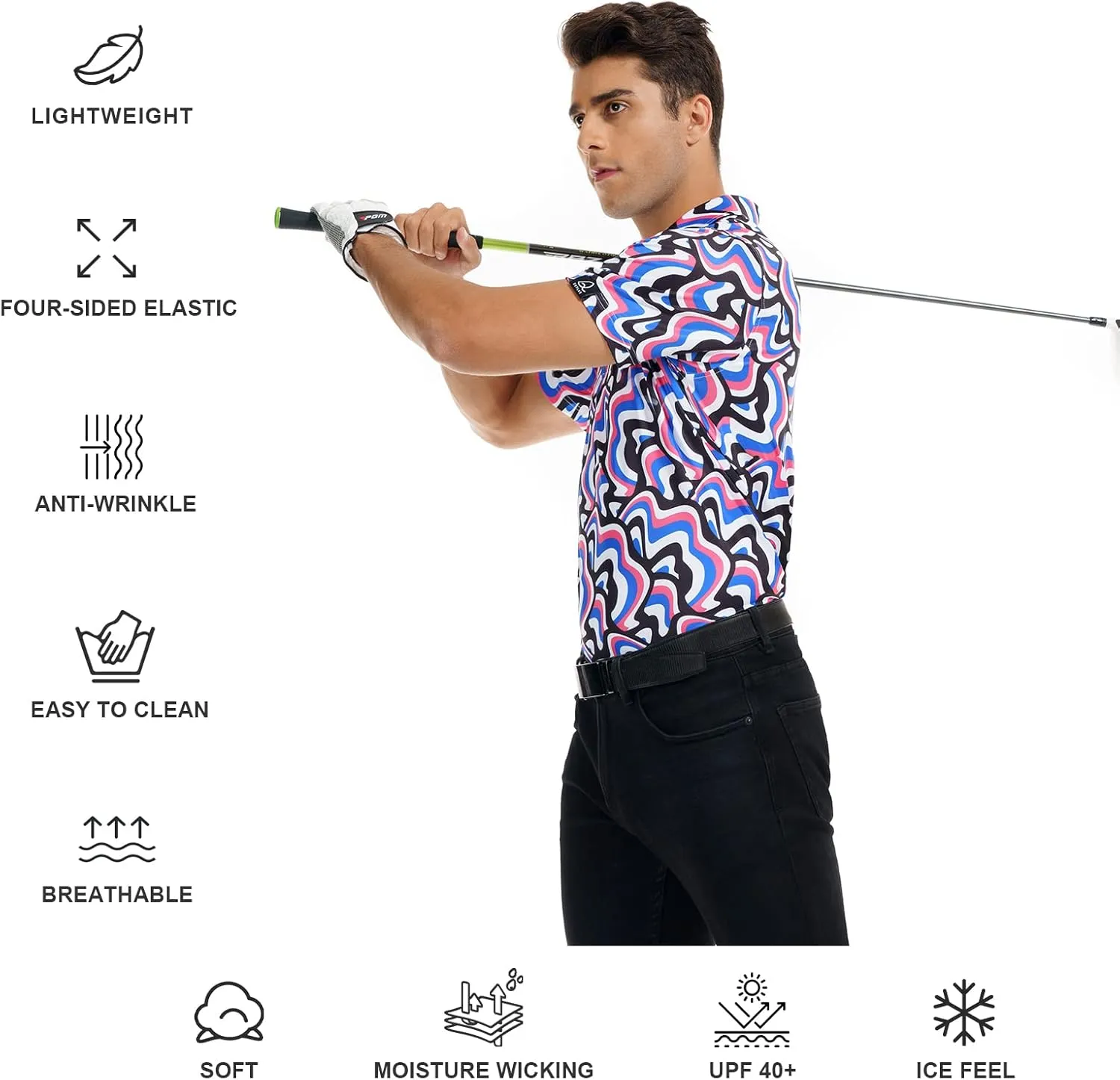 DEOLAX Mens Polo Shirts Moisture Wicking Dry Fit Performance Mens Golf Shirt Regular Fit Fashion Print Short Sleeve Polo