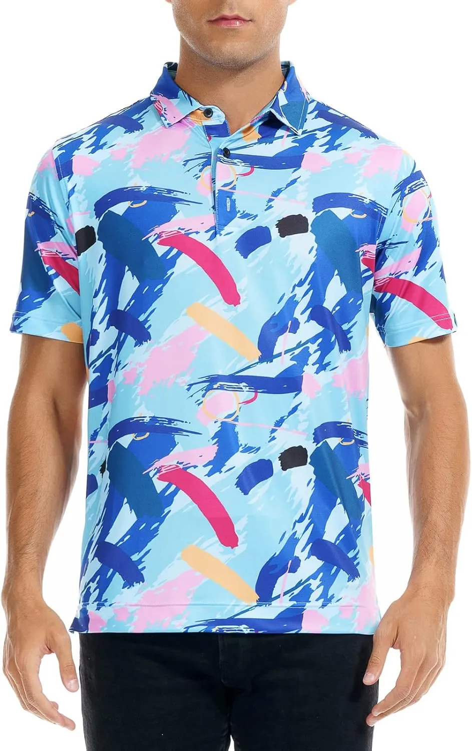 DEOLAX Mens Polo Shirts Moisture Wicking Dry Fit Performance Mens Golf Shirt Regular Fit Fashion Print Short Sleeve Polo