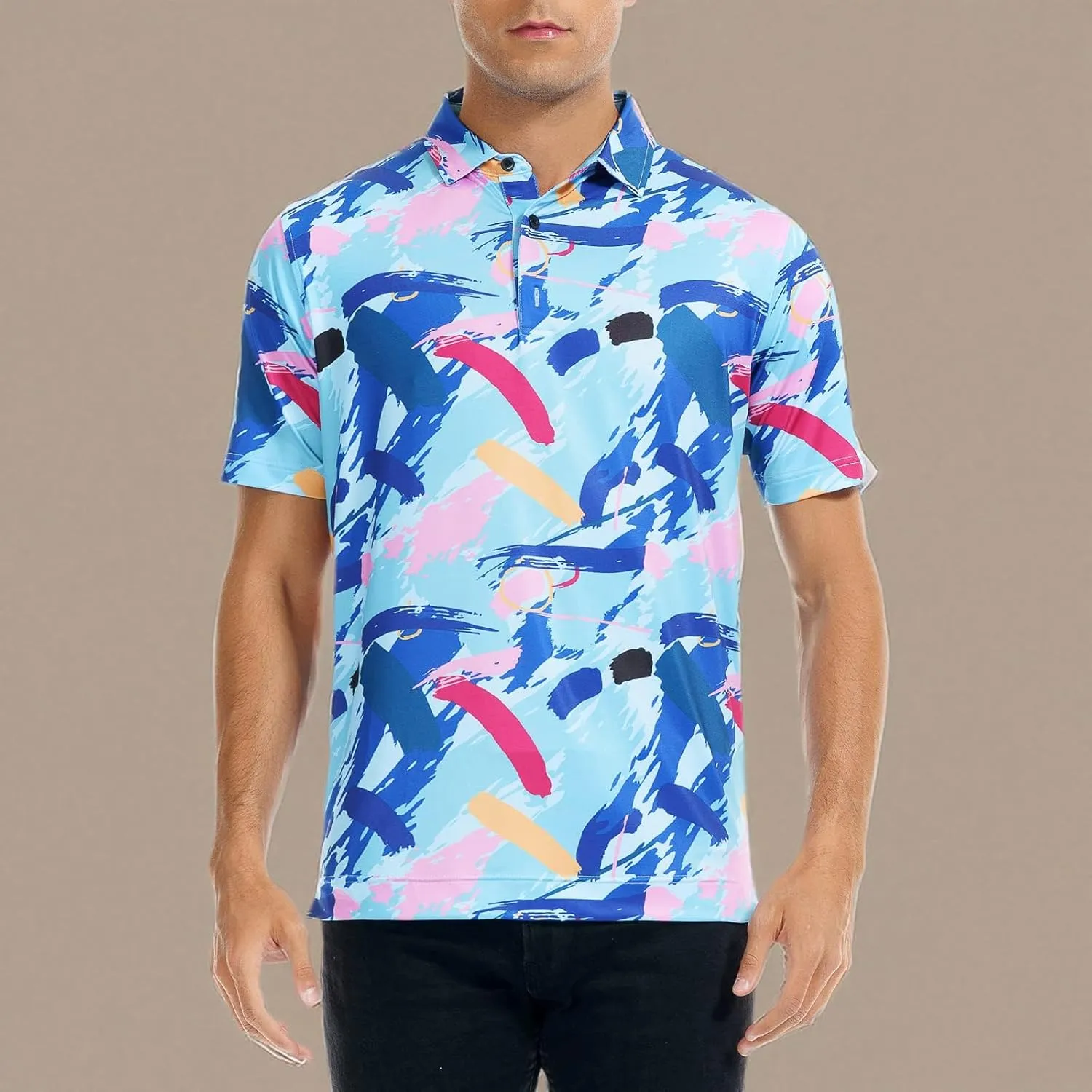 DEOLAX Mens Polo Shirts Moisture Wicking Dry Fit Performance Mens Golf Shirt Regular Fit Fashion Print Short Sleeve Polo
