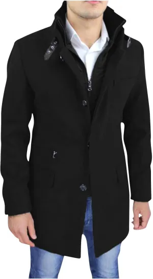 Dgoopd Men's Wool Blend Trench Coat Stand Collar Peacoat Mid Length Winter Coat Fashion Overcoat Thermal Outwear