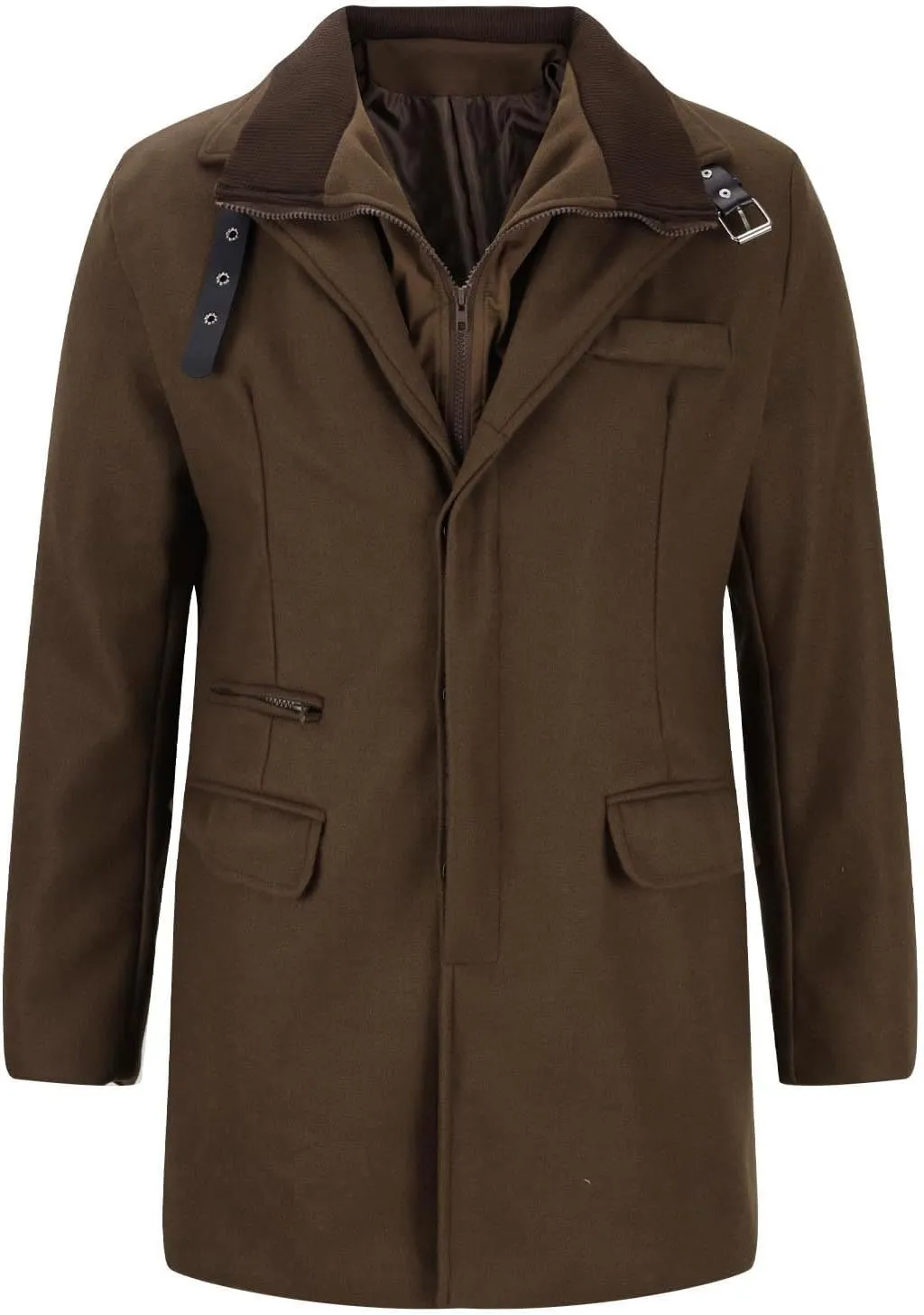 Dgoopd Men's Wool Blend Trench Coat Stand Collar Peacoat Mid Length Winter Coat Fashion Overcoat Thermal Outwear