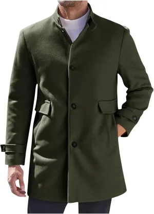 Dgoopd Men's Wool Blend Trench Coat Stand Collar Peacoat Mid Length Winter Coat Fashion Overcoat Thermal Outwear