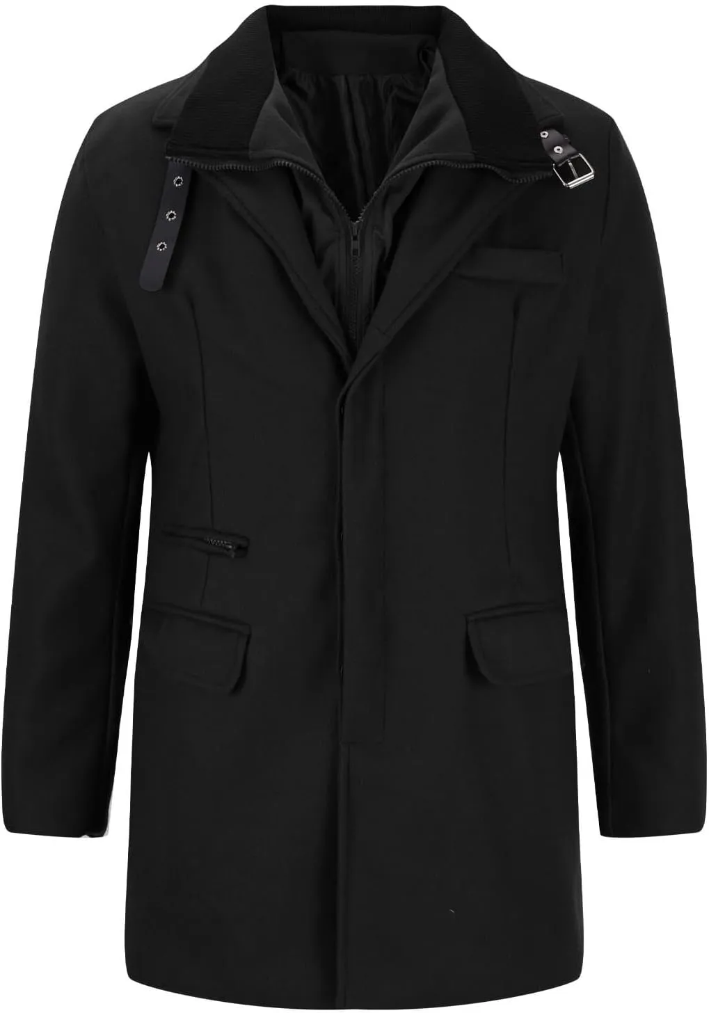 Dgoopd Men's Wool Blend Trench Coat Stand Collar Peacoat Mid Length Winter Coat Fashion Overcoat Thermal Outwear