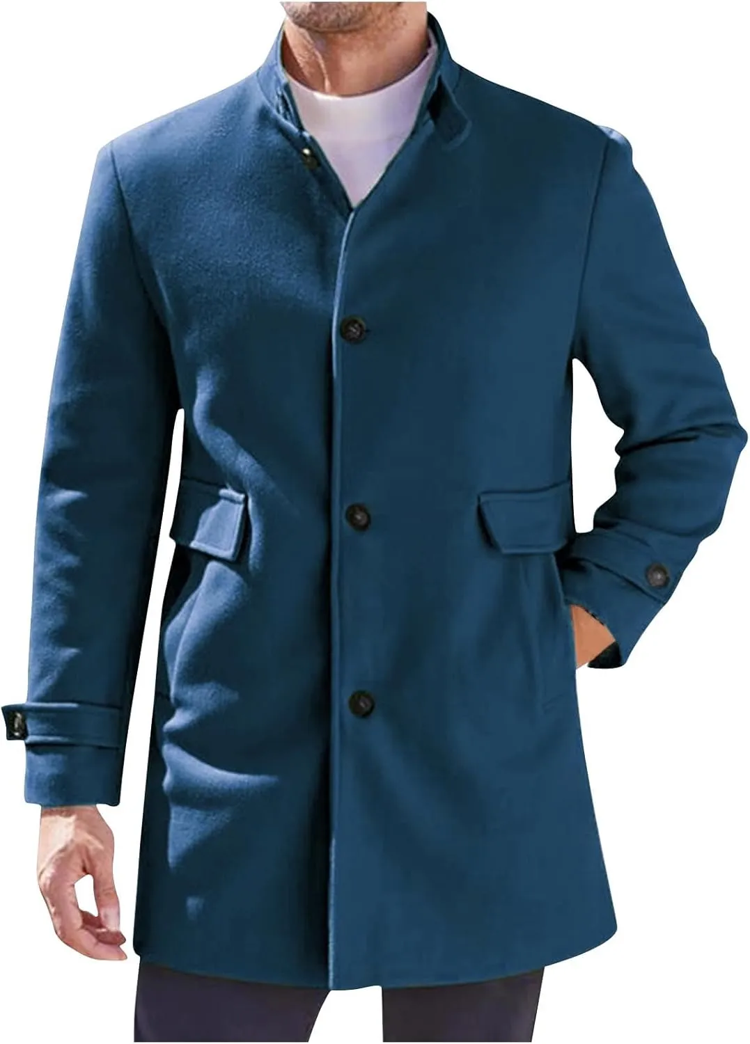 Dgoopd Men's Wool Blend Trench Coat Stand Collar Peacoat Mid Length Winter Coat Fashion Overcoat Thermal Outwear