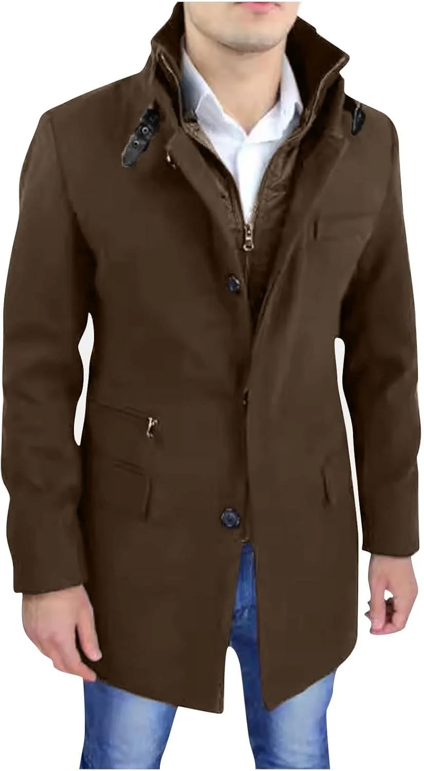 Dgoopd Men's Wool Blend Trench Coat Stand Collar Peacoat Mid Length Winter Coat Fashion Overcoat Thermal Outwear