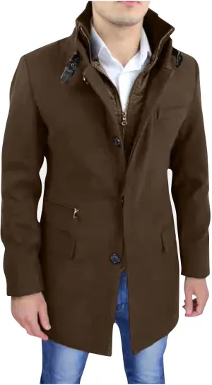 Dgoopd Men's Wool Blend Trench Coat Stand Collar Peacoat Mid Length Winter Coat Fashion Overcoat Thermal Outwear