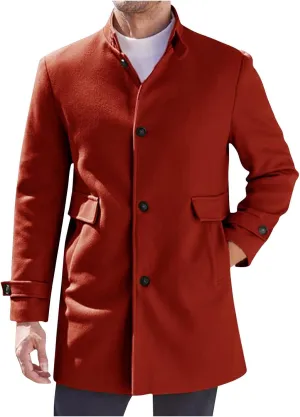 Dgoopd Men's Wool Blend Trench Coat Stand Collar Peacoat Mid Length Winter Coat Fashion Overcoat Thermal Outwear