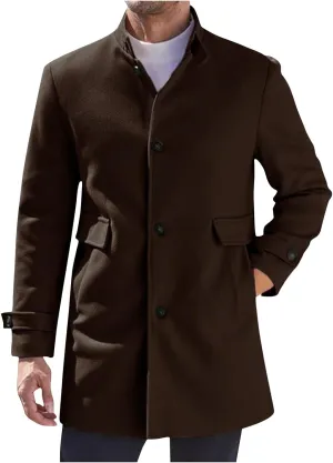 Dgoopd Men's Wool Blend Trench Coat Stand Collar Peacoat Mid Length Winter Coat Fashion Overcoat Thermal Outwear