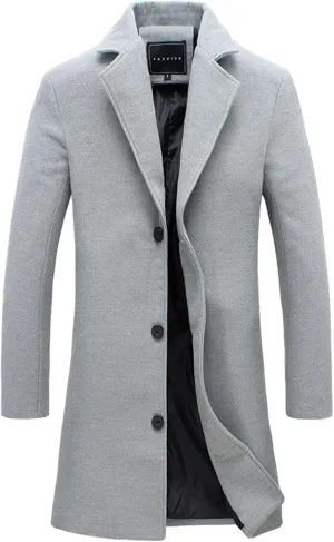 Dgoopd Trench Coat Men Single Breasted Pea Coat Notch Lapel Overcoat Plus Size Wool Blend Coats Casual Long Winter Coat Gray