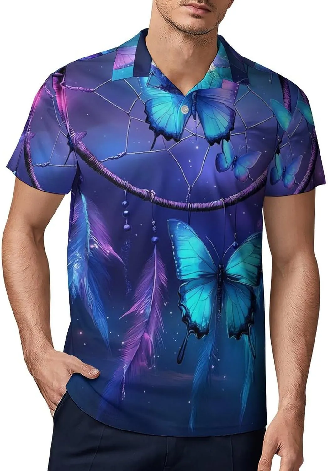 Dream Catcher Butterfly Purple Men's Polo-Shirt Regular-Fit Short Sleeve Sports Quick Dry Golf Tennis T-Shirt