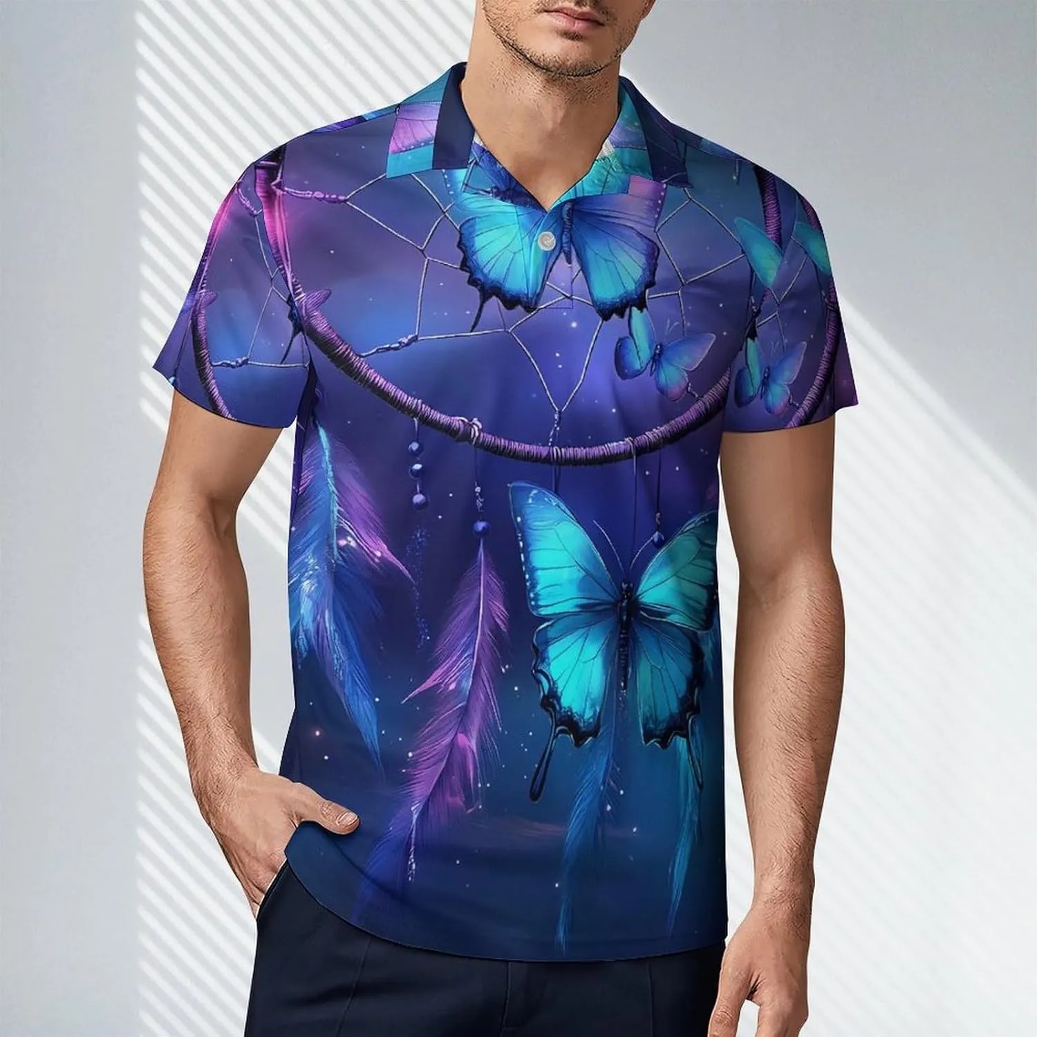 Dream Catcher Butterfly Purple Men's Polo-Shirt Regular-Fit Short Sleeve Sports Quick Dry Golf Tennis T-Shirt