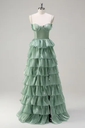 Dusty Sage A Line Spaghetti Straps Tiered Maxi Dress with Slit