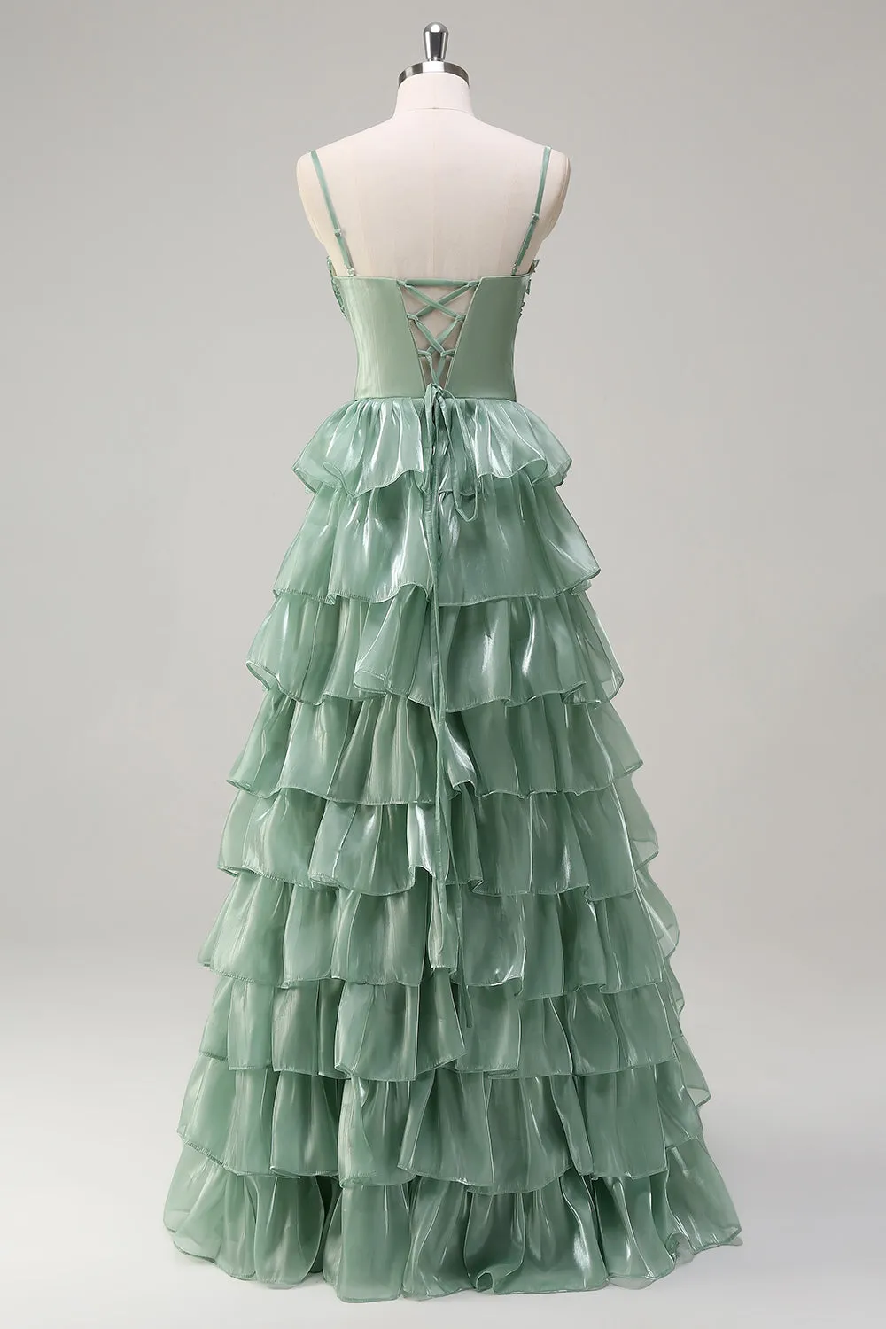 Dusty Sage A Line Spaghetti Straps Tiered Maxi Dress with Slit