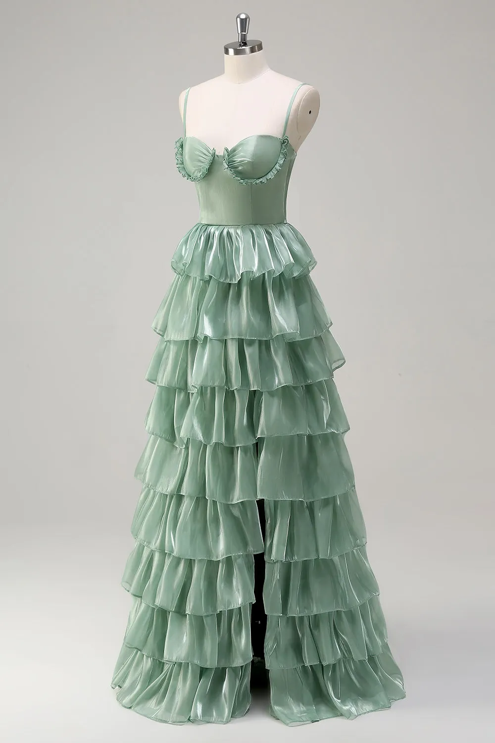 Dusty Sage A Line Spaghetti Straps Tiered Maxi Dress with Slit