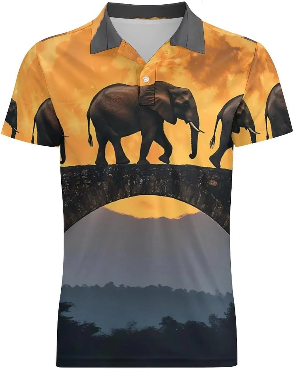 Elephants Walking Under The Moon Men's Polo-Shirt Regular-Fit Short Sleeve Sports Quick Dry Golf Tennis T-Shirt