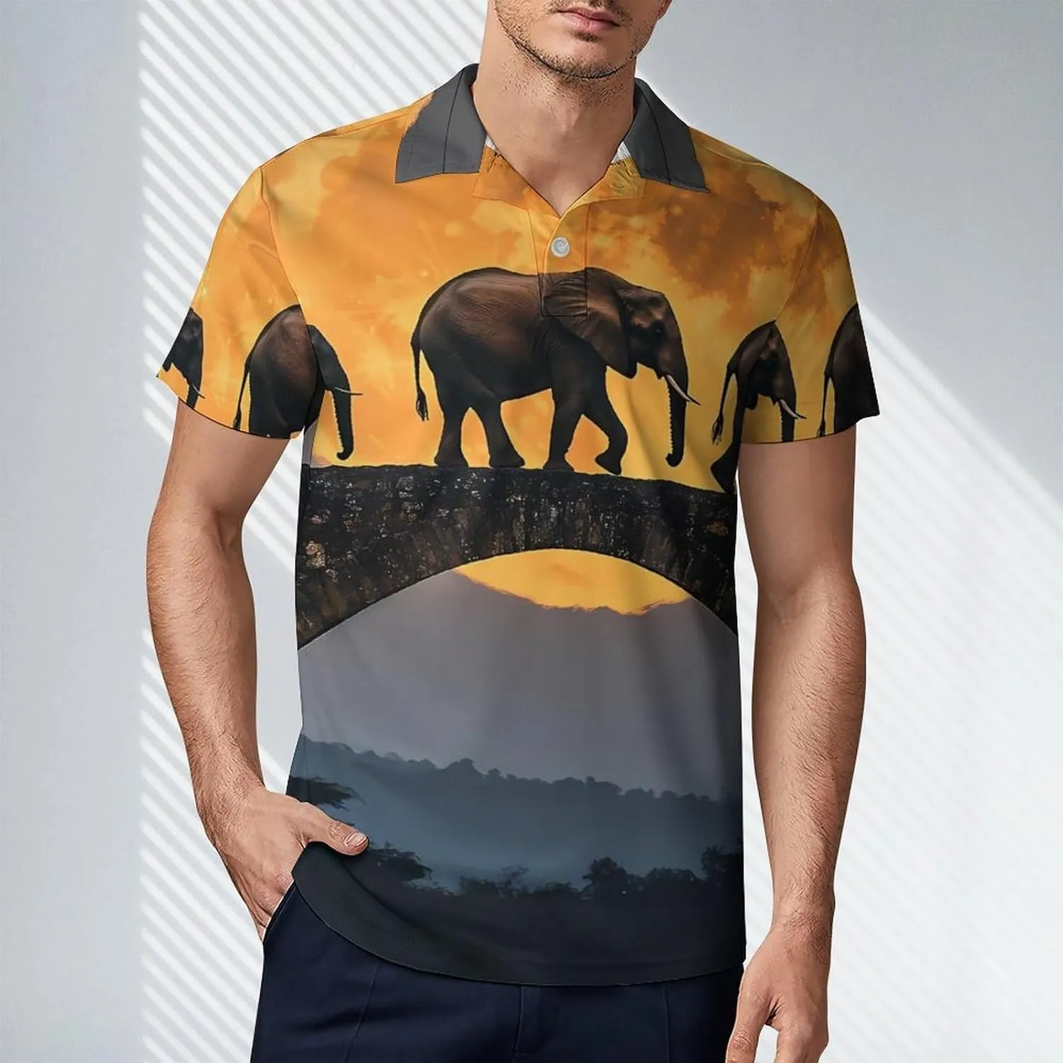 Elephants Walking Under The Moon Men's Polo-Shirt Regular-Fit Short Sleeve Sports Quick Dry Golf Tennis T-Shirt