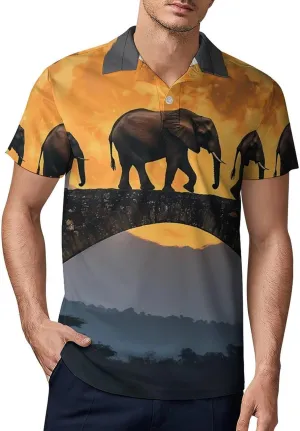 Elephants Walking Under The Moon Men's Polo-Shirt Regular-Fit Short Sleeve Sports Quick Dry Golf Tennis T-Shirt