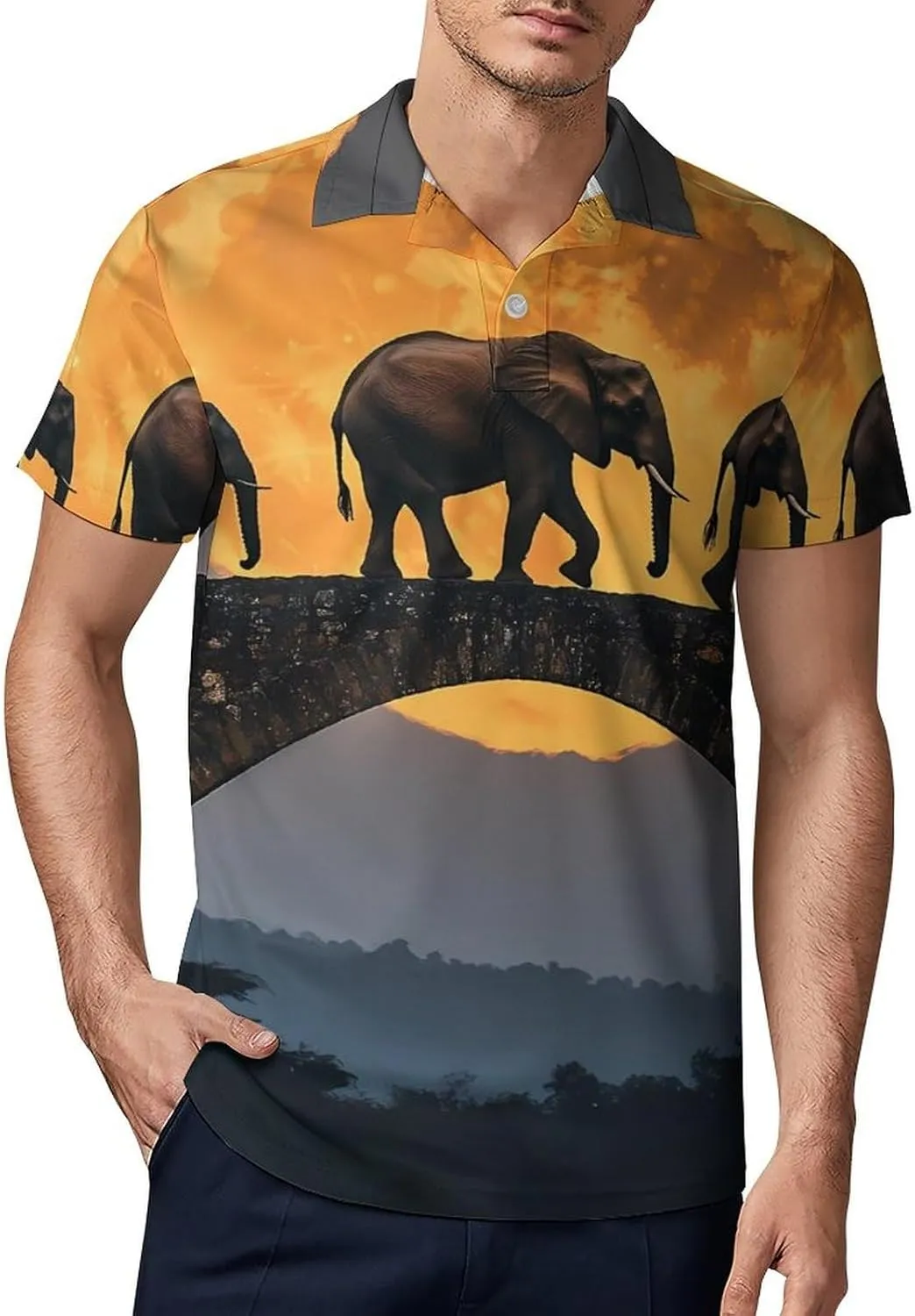 Elephants Walking Under The Moon Men's Polo-Shirt Regular-Fit Short Sleeve Sports Quick Dry Golf Tennis T-Shirt