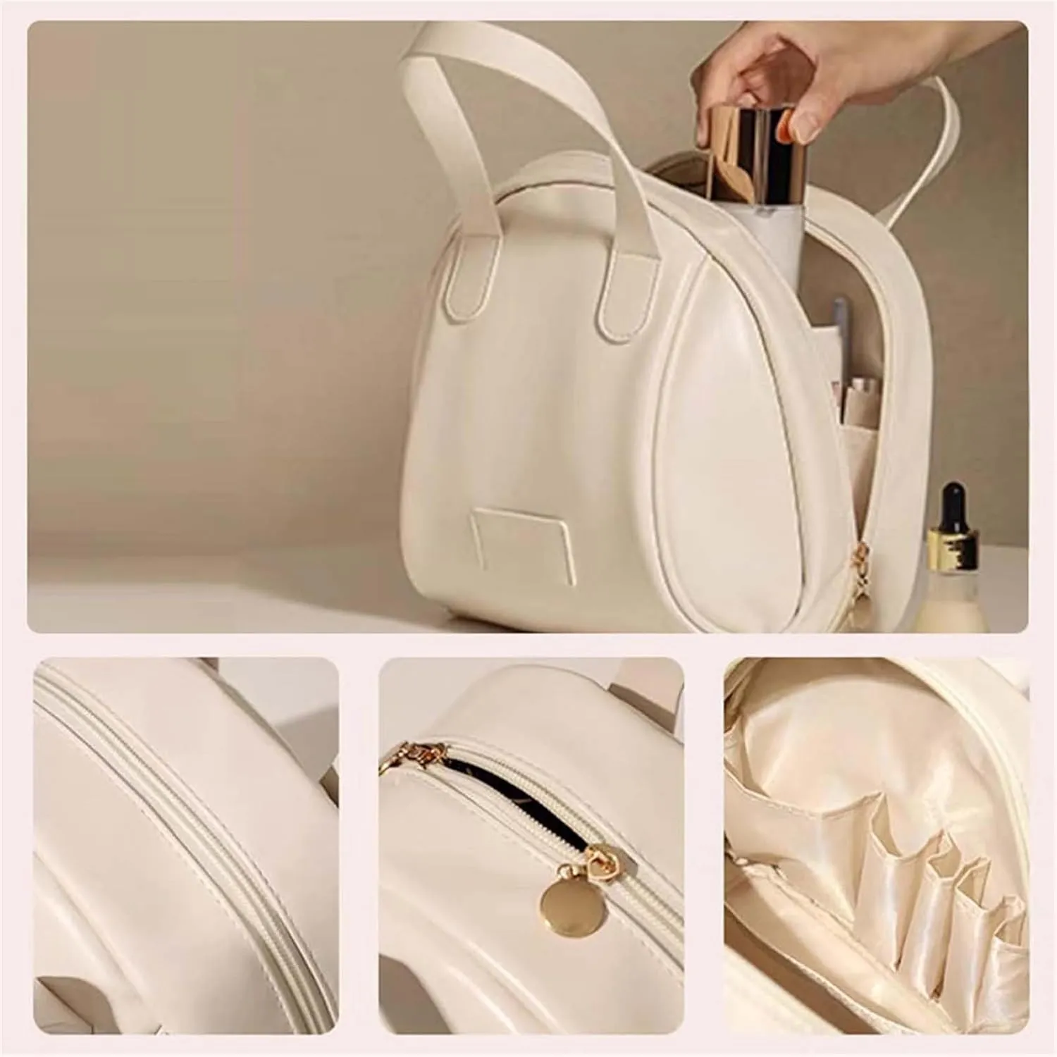 Expectatioin - Multi-layered Shell-Shaped Cosmetic Bag,Portable Large Capacity Pu Shell Waterproof Handbag Style Cosmetic Bag,Shell Shaped Tote Travel Bag (Pi)