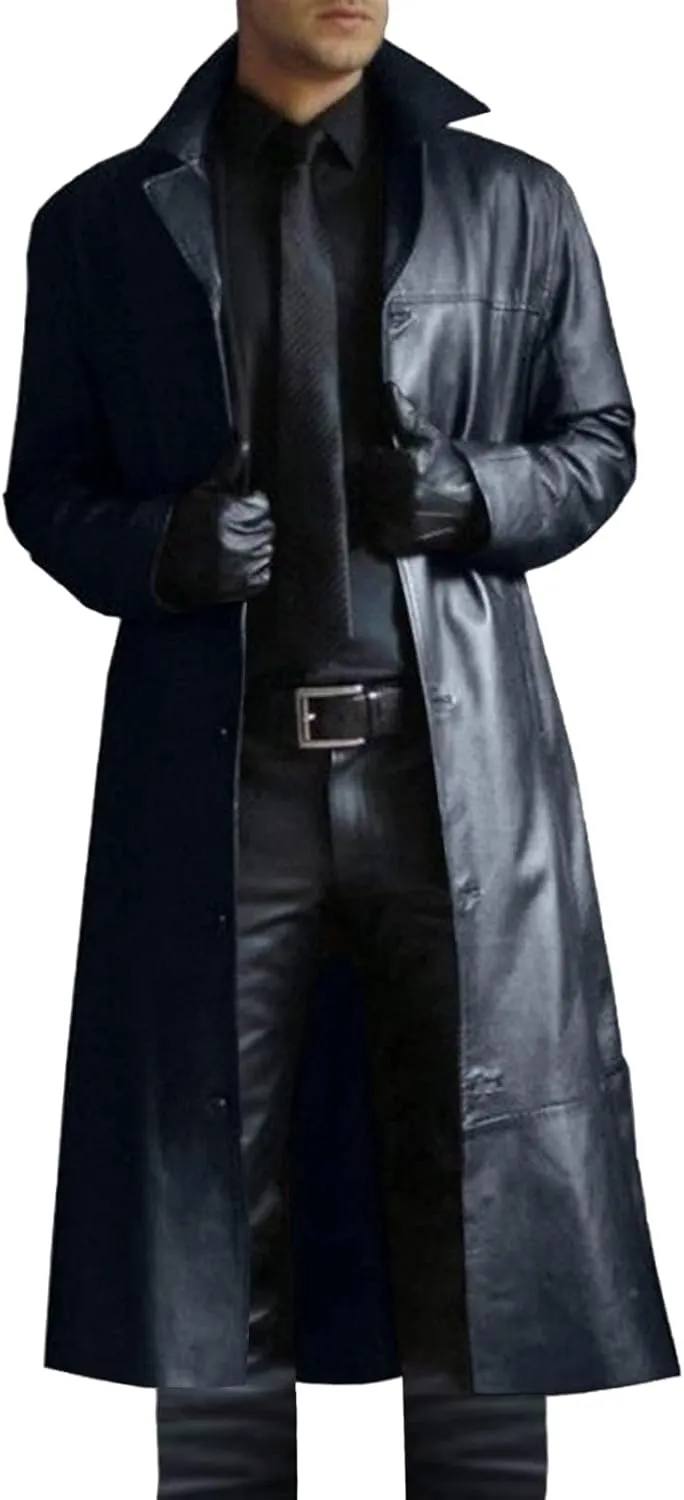 Faux Leather Jacket Men Full Length Trench Coat Notched Collar Long Jacket Vintage Motorcycle Coats Steampunk Overcoat