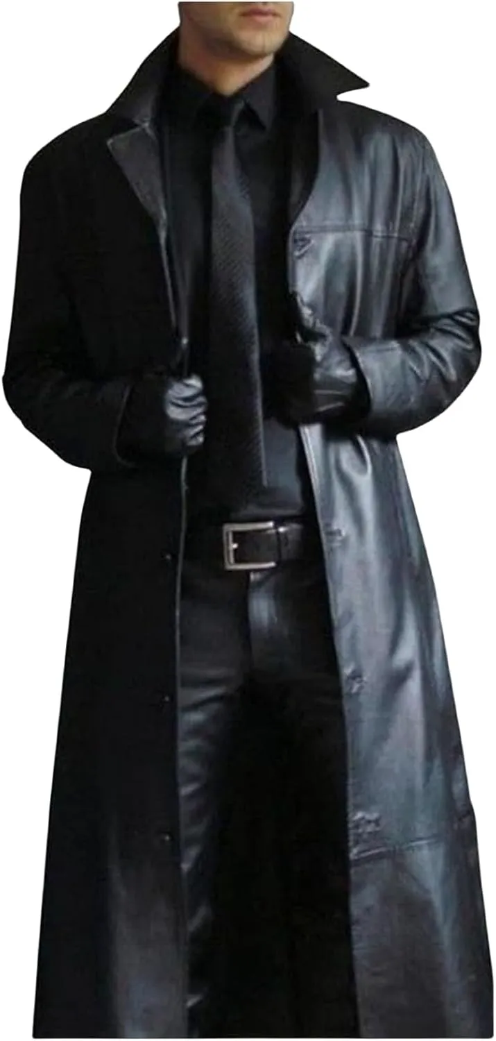 Faux Leather Jacket Men Full Length Trench Coat Notched Collar Long Jacket Vintage Motorcycle Coats Steampunk Overcoat