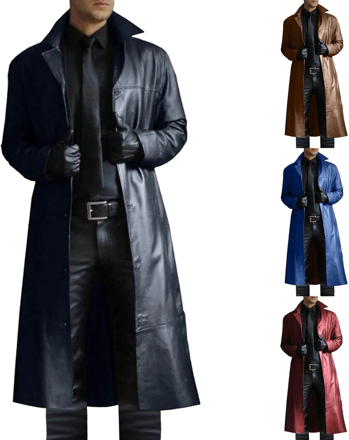 Faux Leather Jacket Men Full Length Trench Coat Notched Collar Long Jacket Vintage Motorcycle Coats Steampunk Overcoat