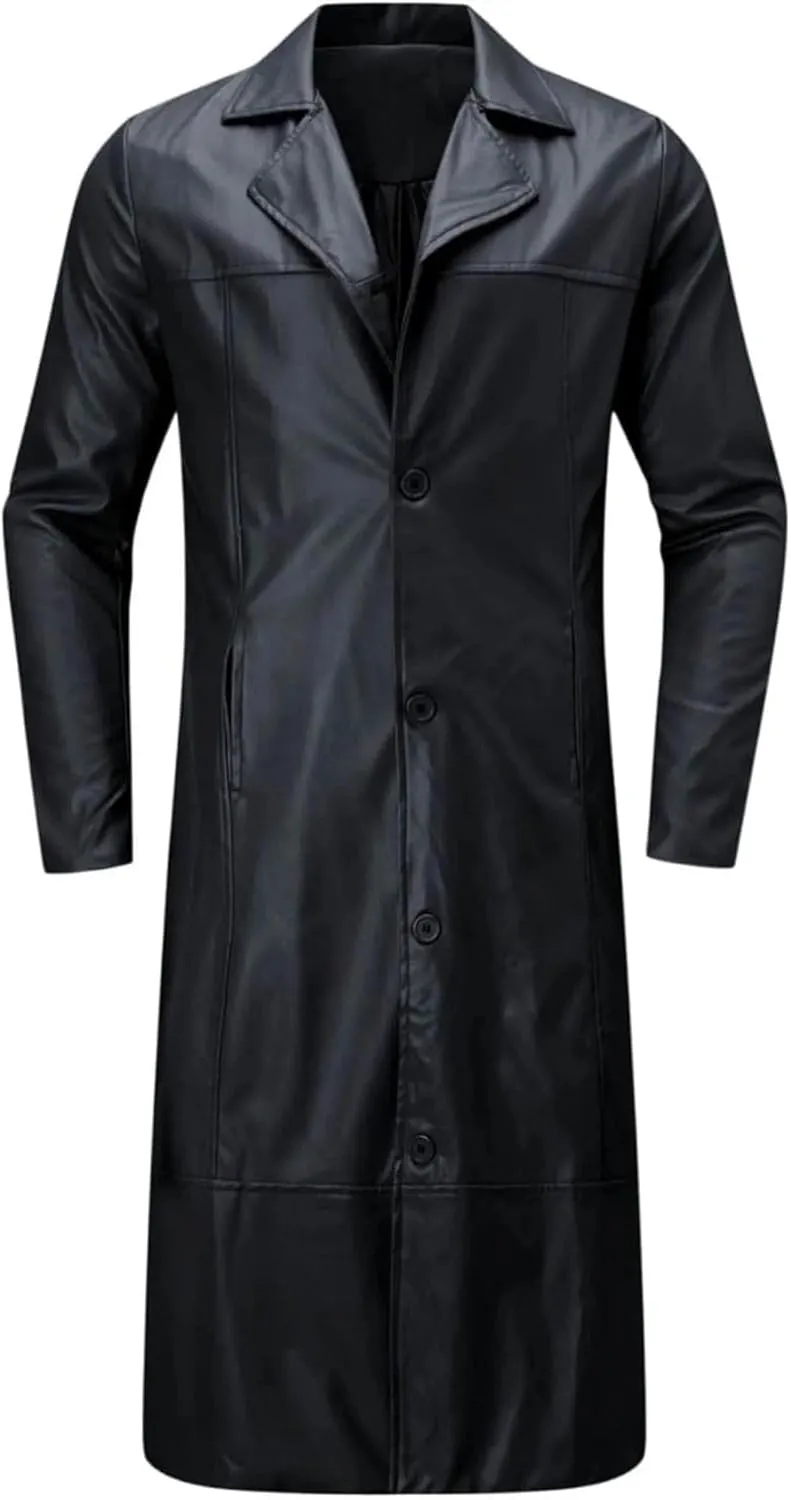 Faux Leather Jacket Men Full Length Trench Coat Notched Collar Long Jacket Vintage Motorcycle Coats Steampunk Overcoat