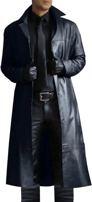 Faux Leather Jacket Men Full Length Trench Coat Notched Collar Long Jacket Vintage Motorcycle Coats Steampunk Overcoat