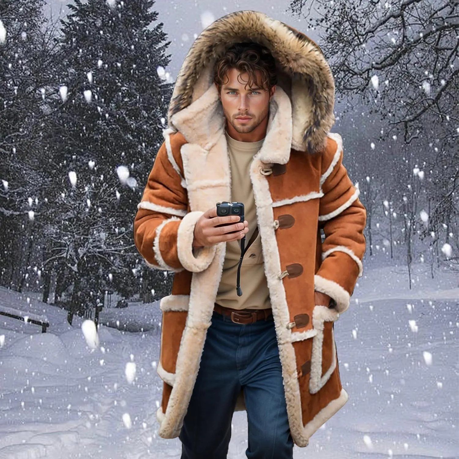 Faux Leather Jacket Men Thick Faux Fur Coat Thermal Winter Jackets Oversized Hooded Outerwear Mid Length Trench Coat