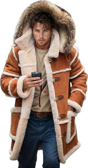 Faux Leather Jacket Men Thick Faux Fur Coat Thermal Winter Jackets Oversized Hooded Outerwear Mid Length Trench Coat