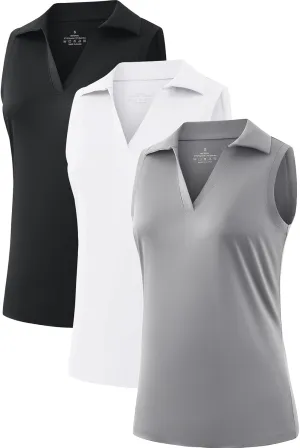 Femdouce 3 Pack Sleeveless Golf Polo Shirt for Women Quick Dry Golf Shirt Sleeveless V Neck Polo Shirt Lightweight