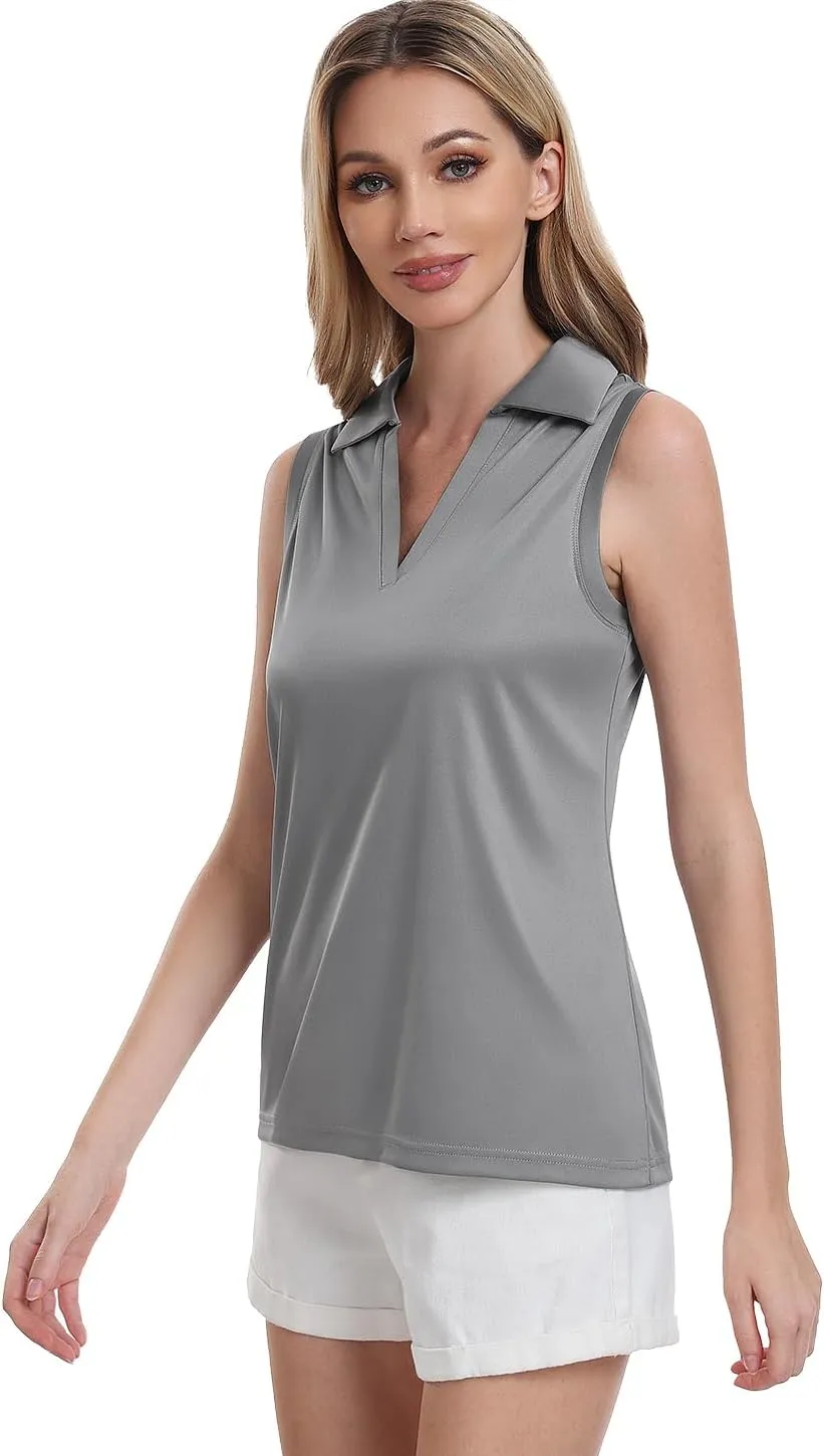 Femdouce 3 Pack Sleeveless Golf Polo Shirt for Women Quick Dry Golf Shirt Sleeveless V Neck Polo Shirt Lightweight