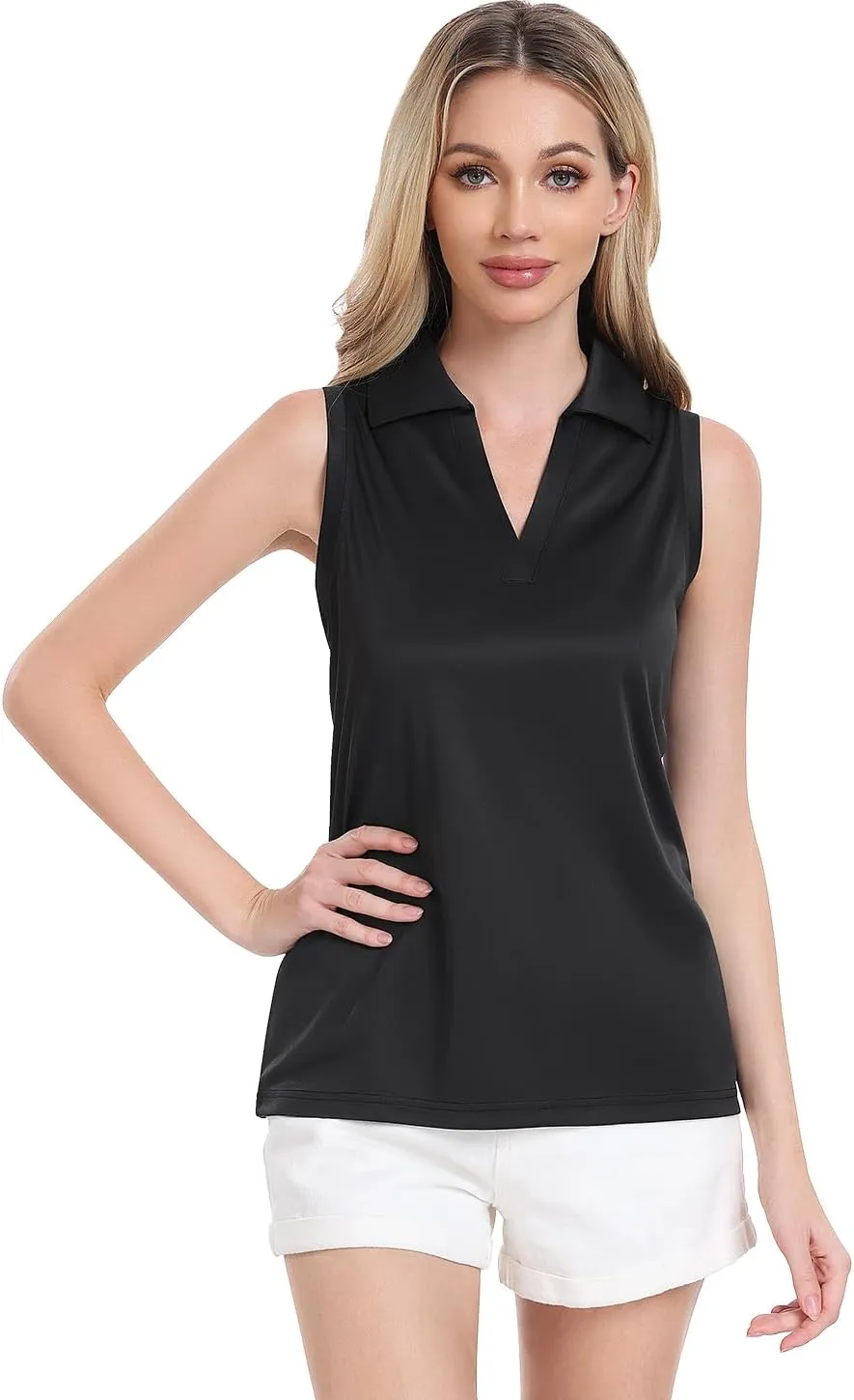 Femdouce 3 Pack Sleeveless Golf Polo Shirt for Women Quick Dry Golf Shirt Sleeveless V Neck Polo Shirt Lightweight