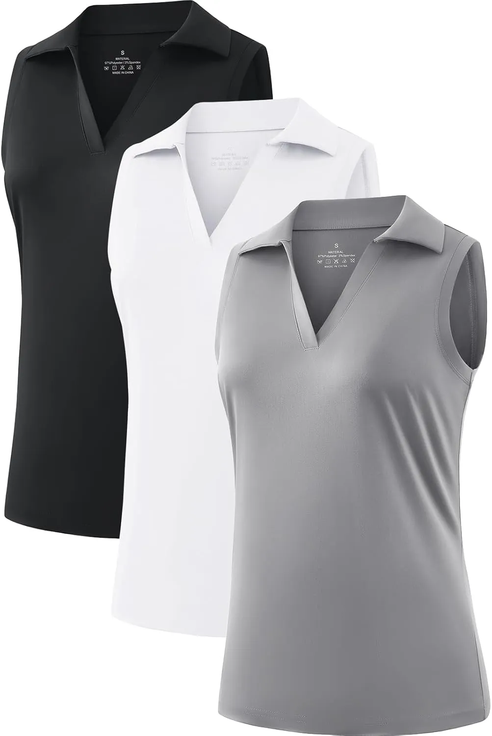 Femdouce 3 Pack Sleeveless Golf Polo Shirt for Women Quick Dry Golf Shirt Sleeveless V Neck Polo Shirt Lightweight