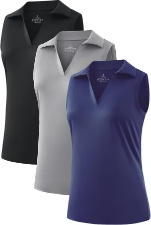 Femdouce 3 Pack Sleeveless Golf Polo Shirt for Women Quick Dry Golf Shirt Sleeveless V Neck Polo Shirt Lightweight