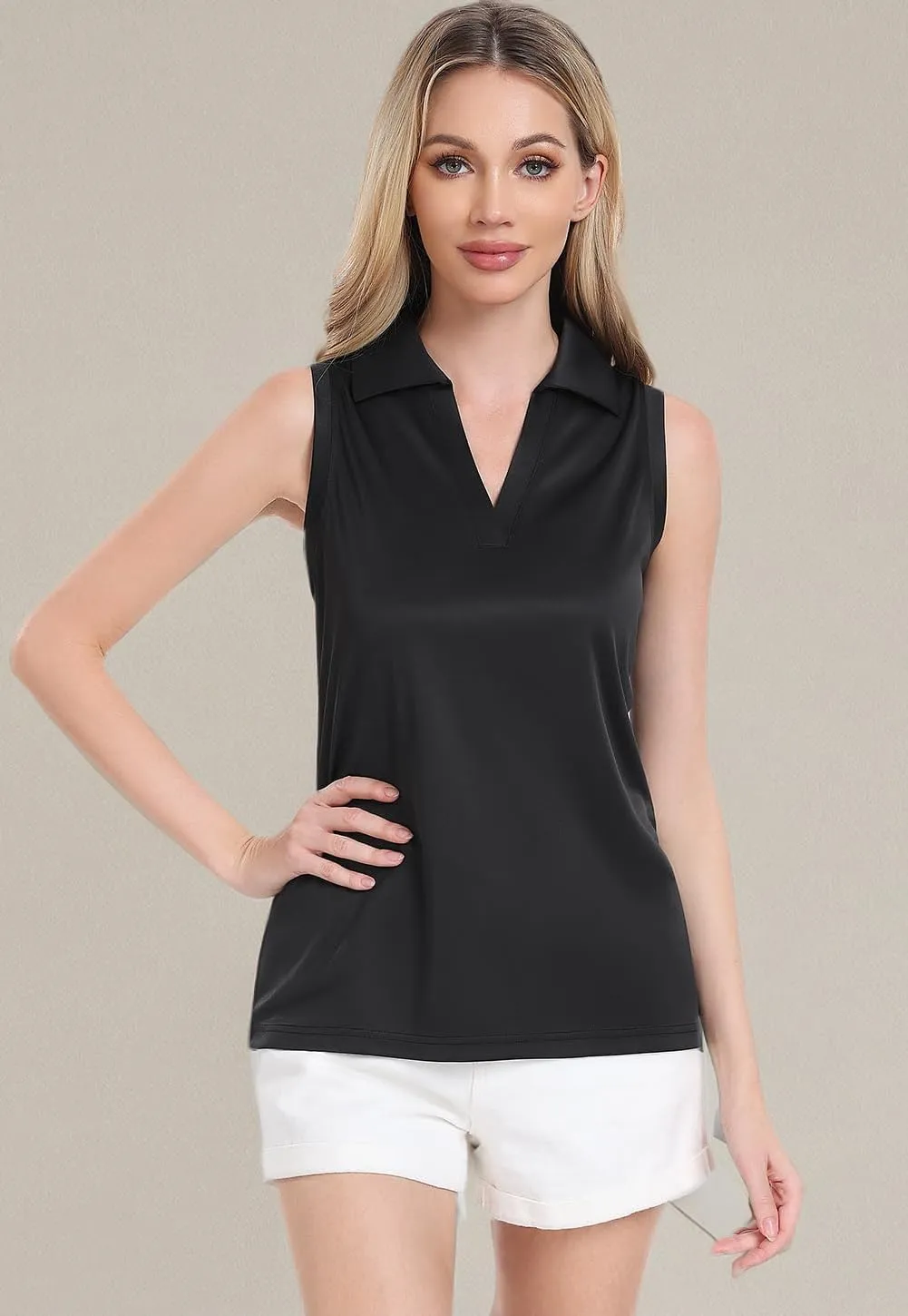 Femdouce 3 Pack Sleeveless Golf Polo Shirt for Women Quick Dry Golf Shirt Sleeveless V Neck Polo Shirt Lightweight