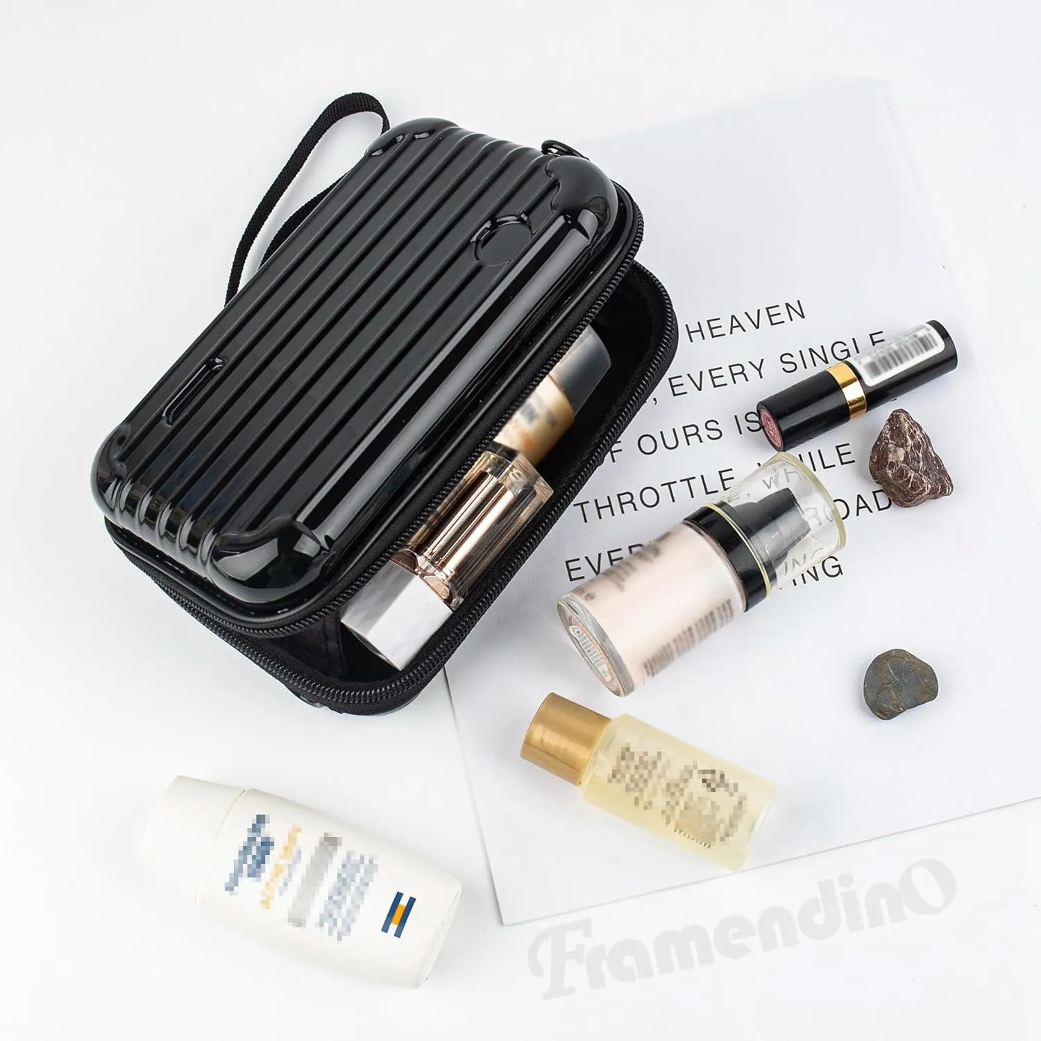 Framendino, Black Hard Shell Cosmetics Case Carrying Bag for Toiletry, Mini Cross Body Suitcase with Detachable Grip Rope and Shoulder Strap Women Travel